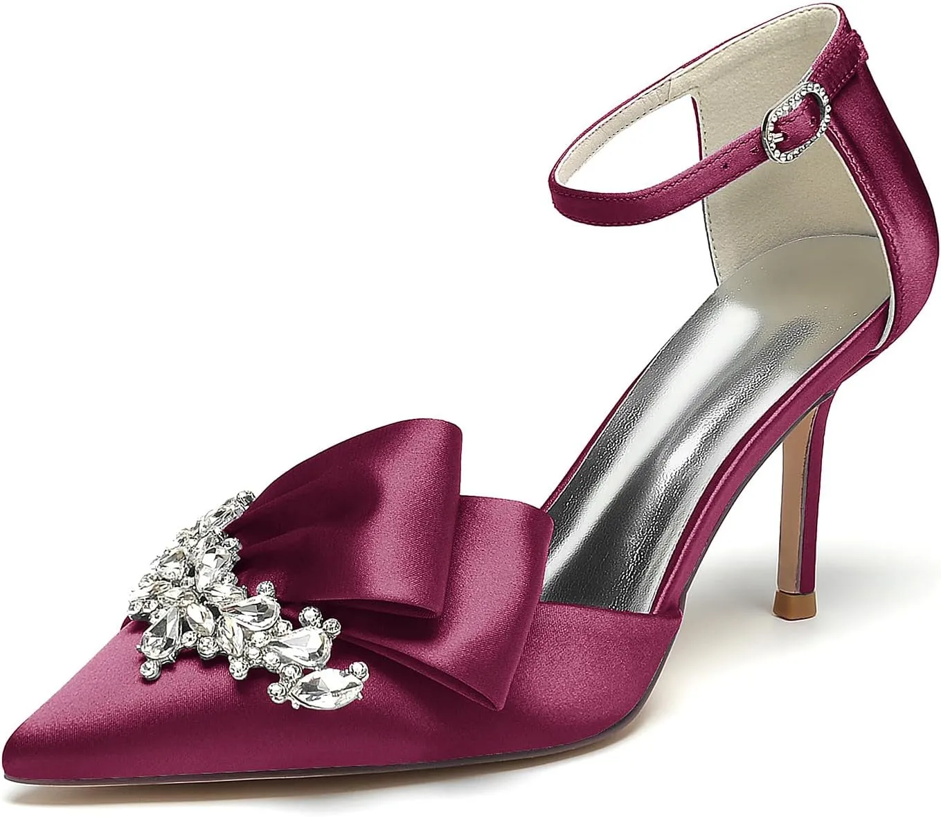 Women's Stiletto High Heel Satin Pointed Toe Bridal Wedding Evening Party Dress Pumps Shoes with Rhinestone