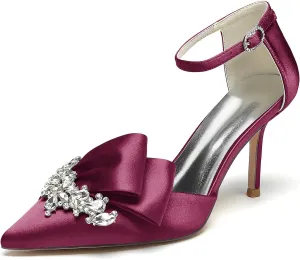 Women's Stiletto High Heel Satin Pointed Toe Bridal Wedding Evening Party Dress Pumps Shoes with Rhinestone
