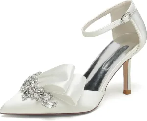 Women's Stiletto High Heel Satin Pointed Toe Bridal Wedding Evening Party Dress Pumps Shoes with Rhinestone