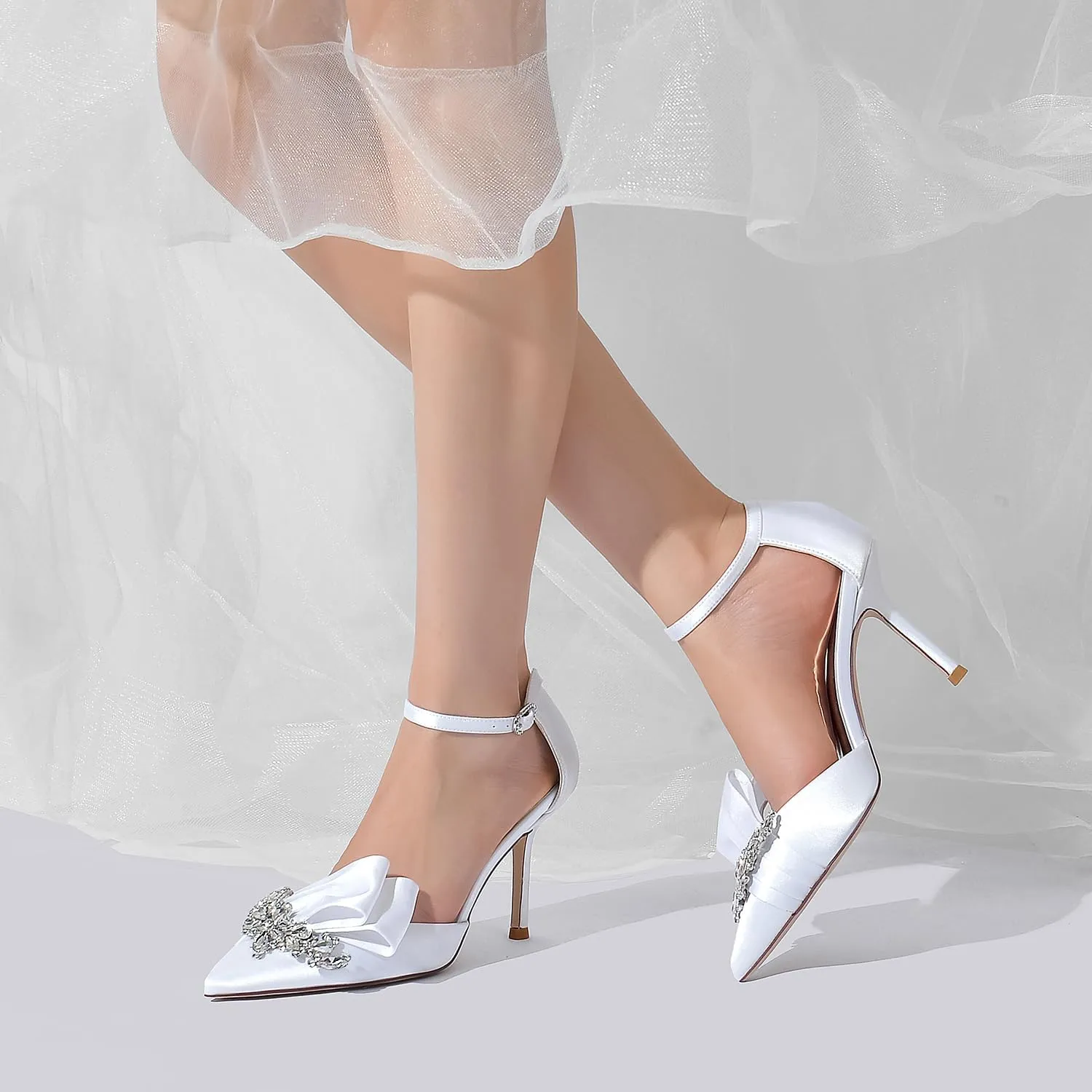 Women's Stiletto High Heel Satin Pointed Toe Bridal Wedding Evening Party Dress Pumps Shoes with Rhinestone
