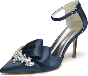 Women's Stiletto High Heel Satin Pointed Toe Bridal Wedding Evening Party Dress Pumps Shoes with Rhinestone