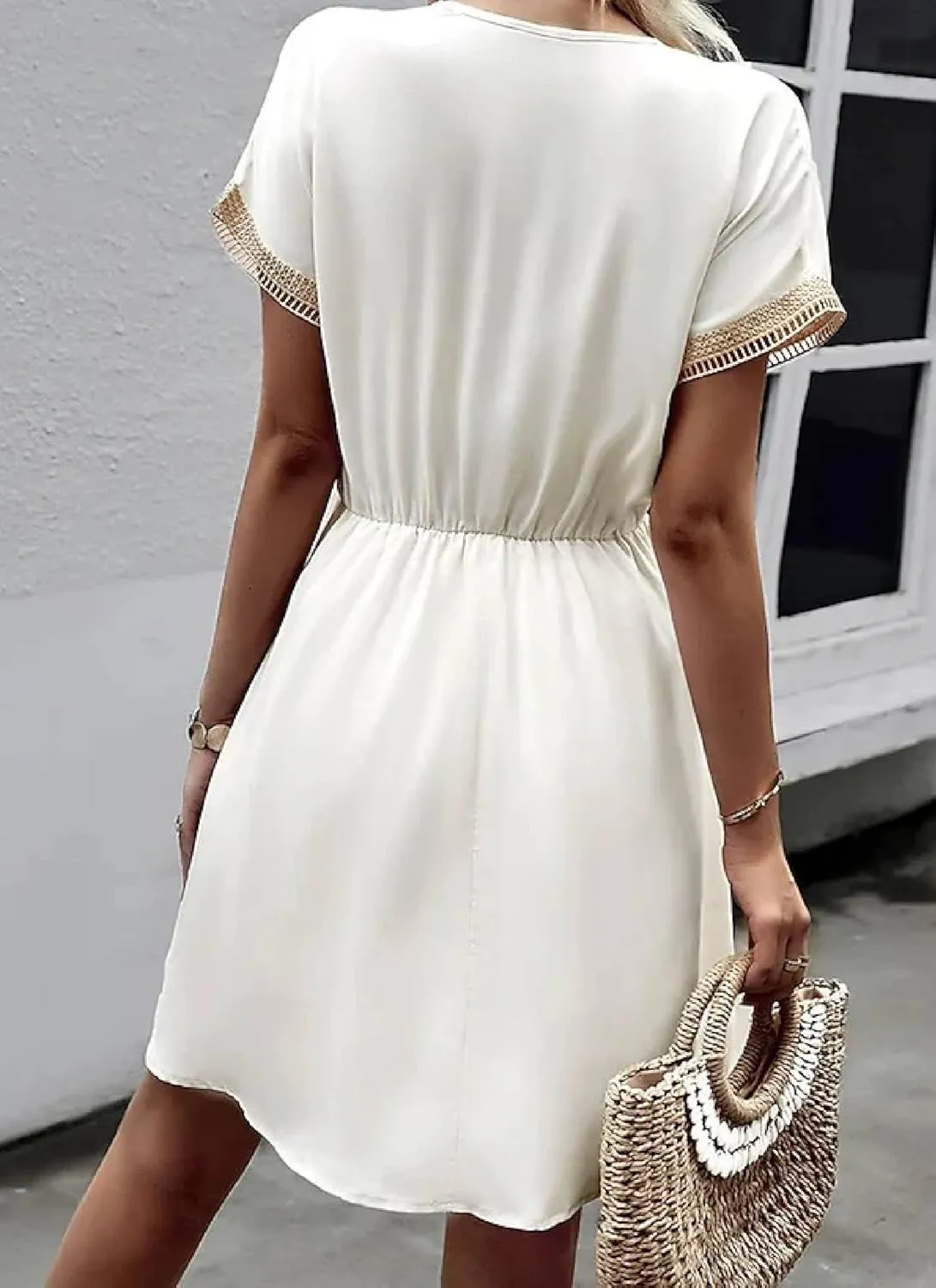 Women's Summer 2025 Mini Dress Grecian Goddess Beige Tan Tassel Youthful Short Sleeve Banquet Party Formal Dresses