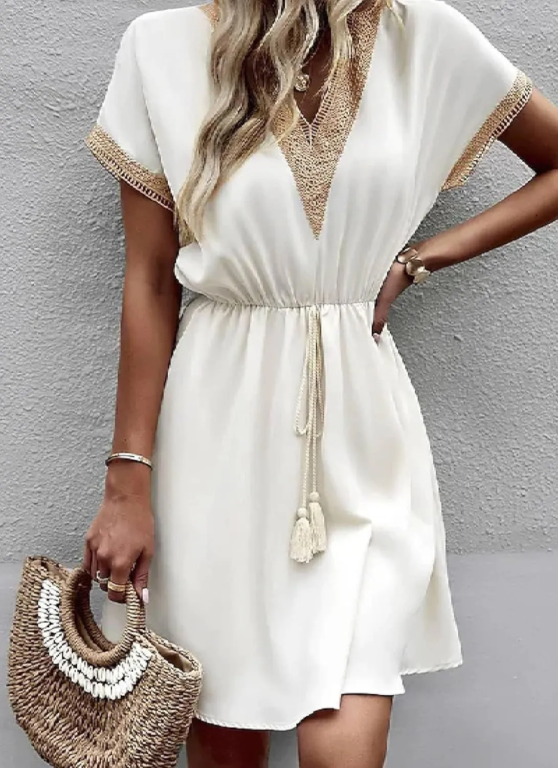 Women's Summer 2025 Mini Dress Grecian Goddess Beige Tan Tassel Youthful Short Sleeve Banquet Party Formal Dresses