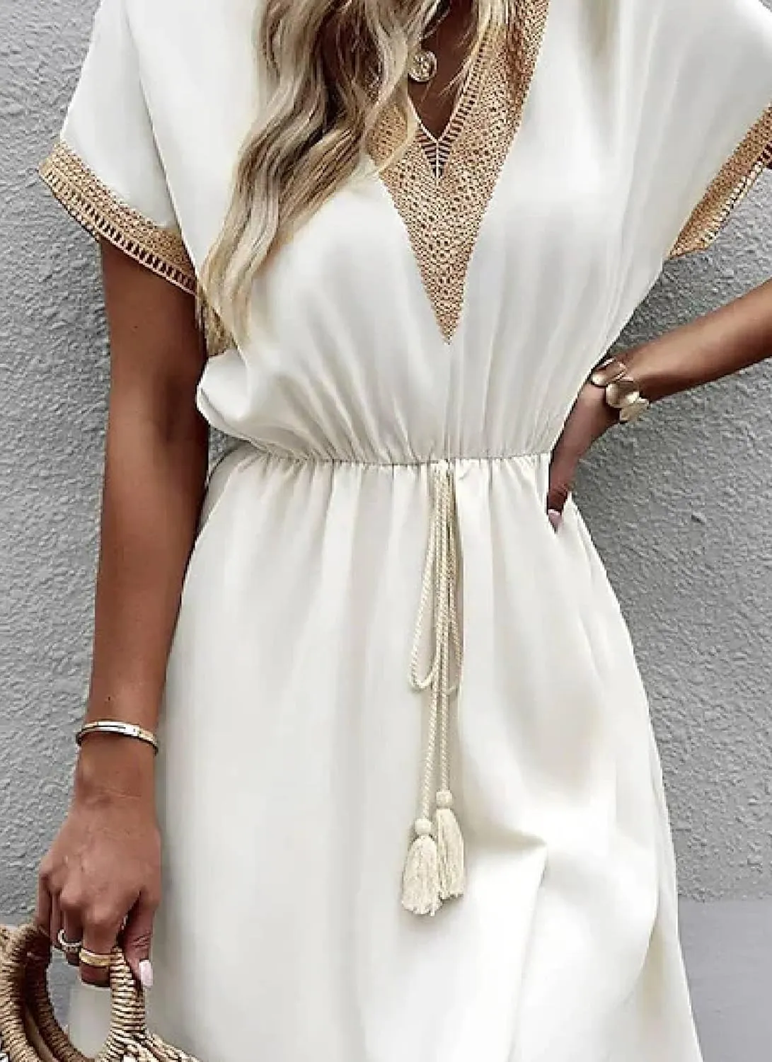 Women's Summer 2025 Mini Dress Grecian Goddess Beige Tan Tassel Youthful Short Sleeve Banquet Party Formal Dresses