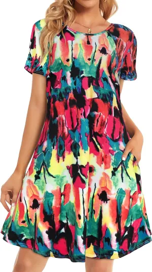 Womens Summer Dresses Beach Casual Loose Tshirt Floral Short Sleeve Flowy Pockets Sundresses