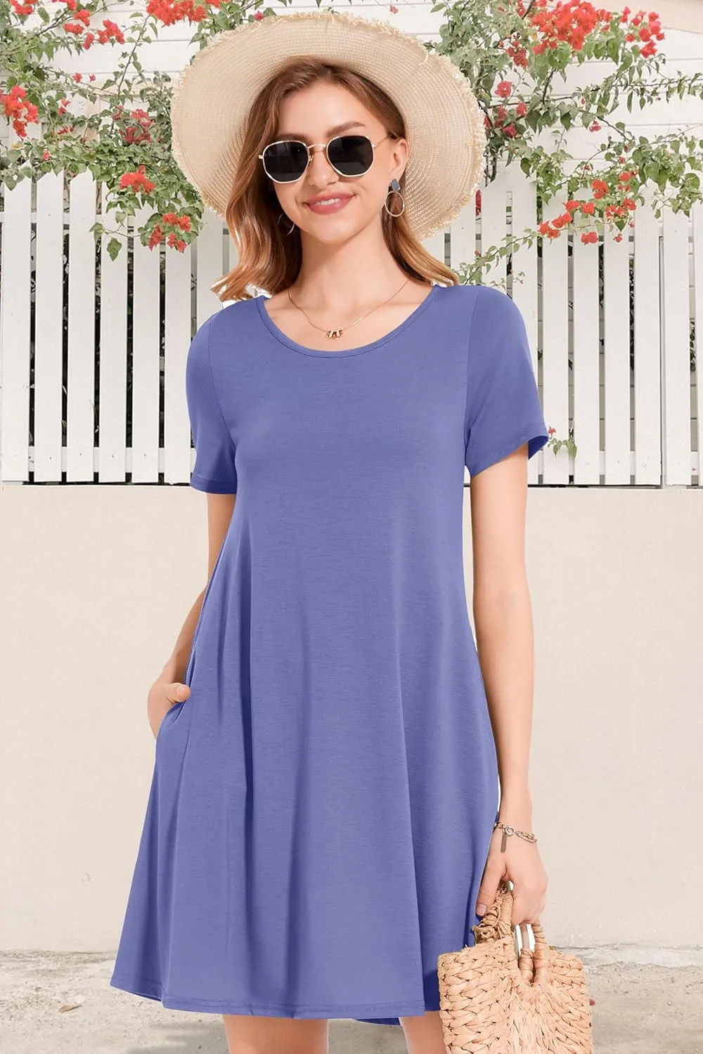 Womens Summer Dresses Beach Casual Loose Tshirt Floral Short Sleeve Flowy Pockets Sundresses