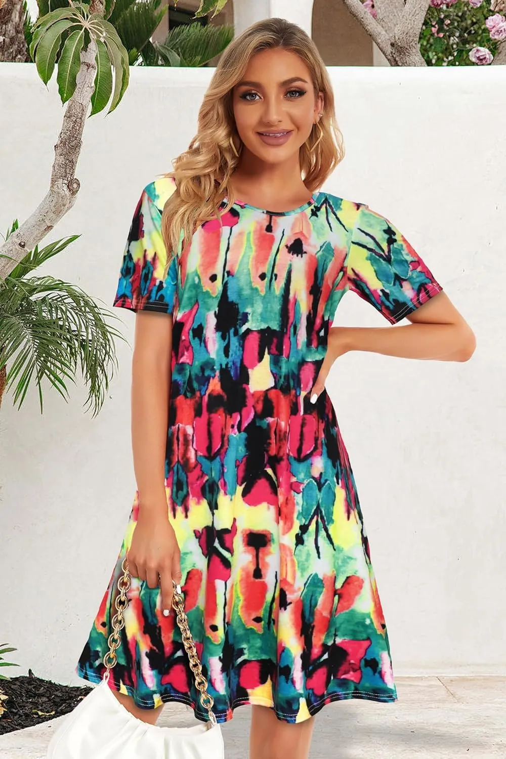 Womens Summer Dresses Beach Casual Loose Tshirt Floral Short Sleeve Flowy Pockets Sundresses