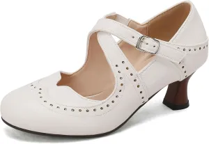 Women's Vintage Wingtip Oxfords Ankle Strap Cut Out Low Heel Brogue for Women