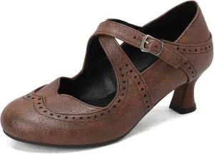 Women's Vintage Wingtip Oxfords Ankle Strap Cut Out Low Heel Brogue for Women