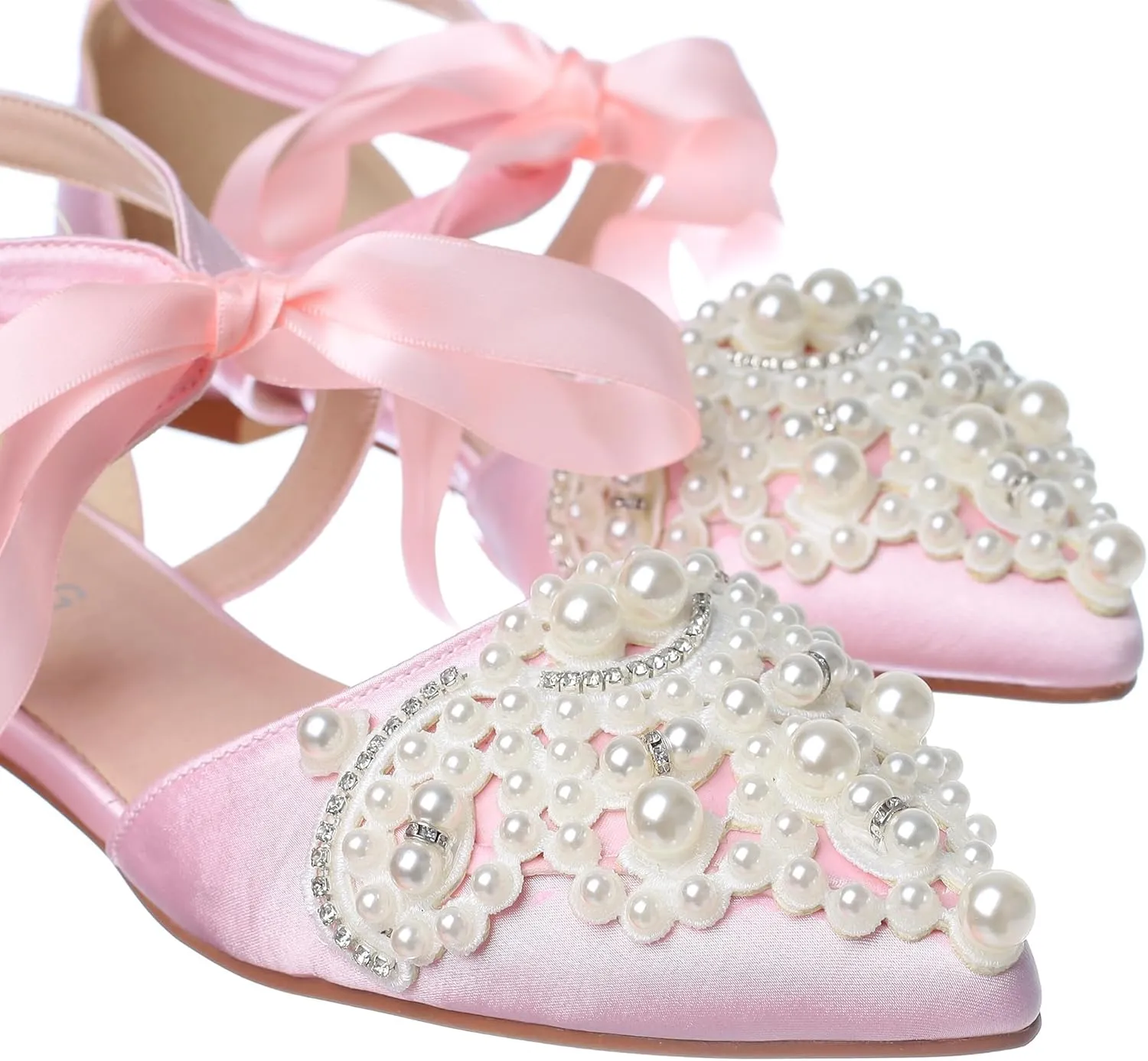 Women's Wedding Flat Pearl Rhinestone Pointed Toe Ivory Satin Ribbon Tie Bridal Shoes