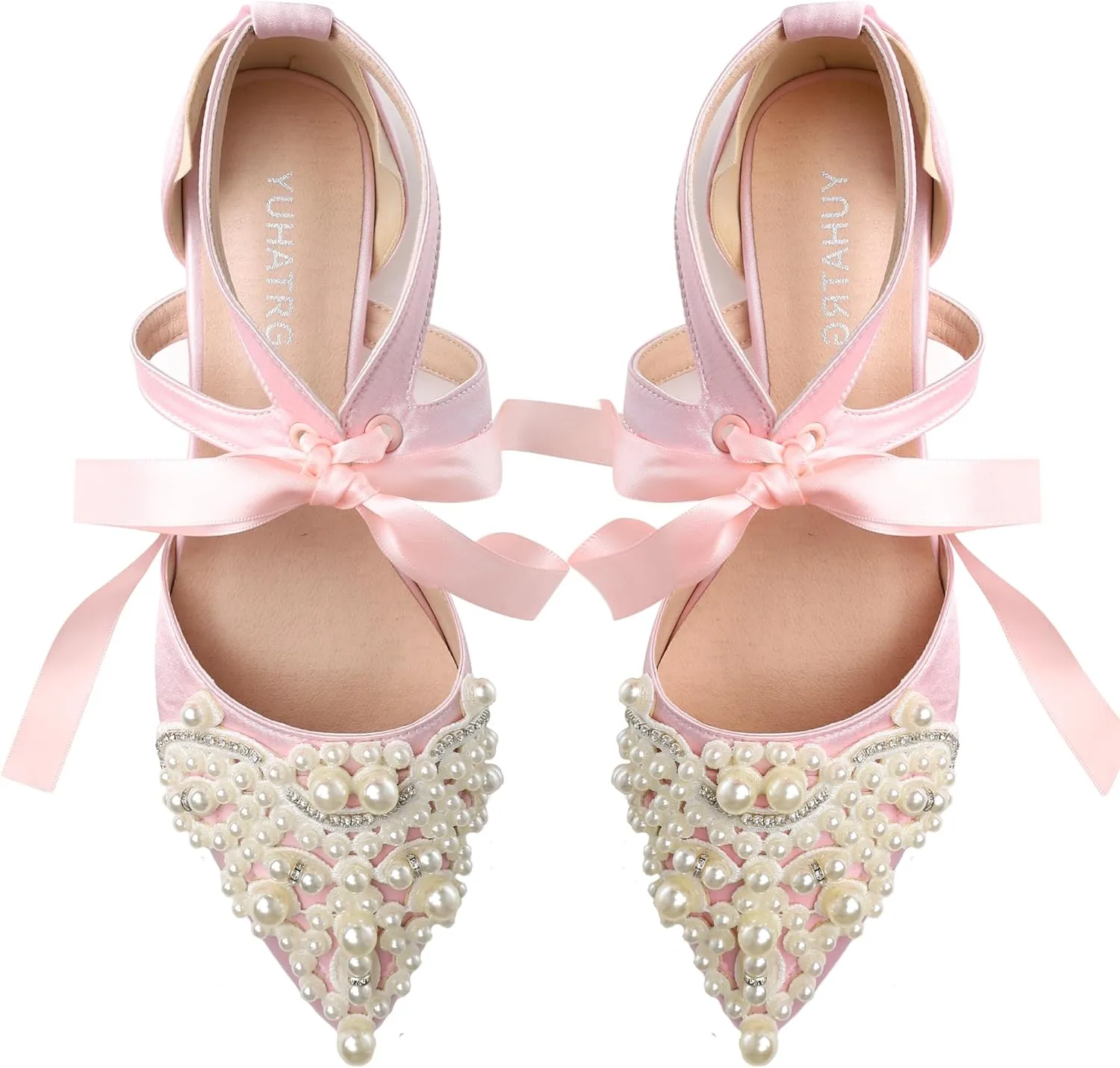 Women's Wedding Flat Pearl Rhinestone Pointed Toe Ivory Satin Ribbon Tie Bridal Shoes