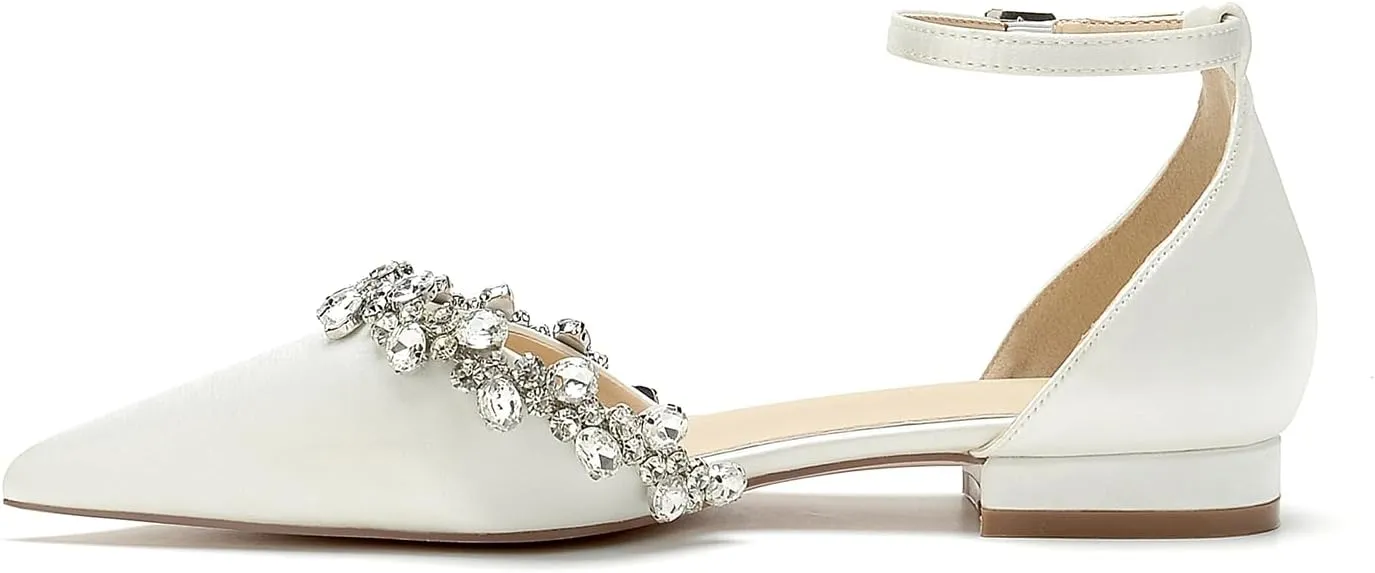 Women's Wedding Flats Crystal Satin Flat Wedding Shoes for Bride Closed Toe Pumps Shoes