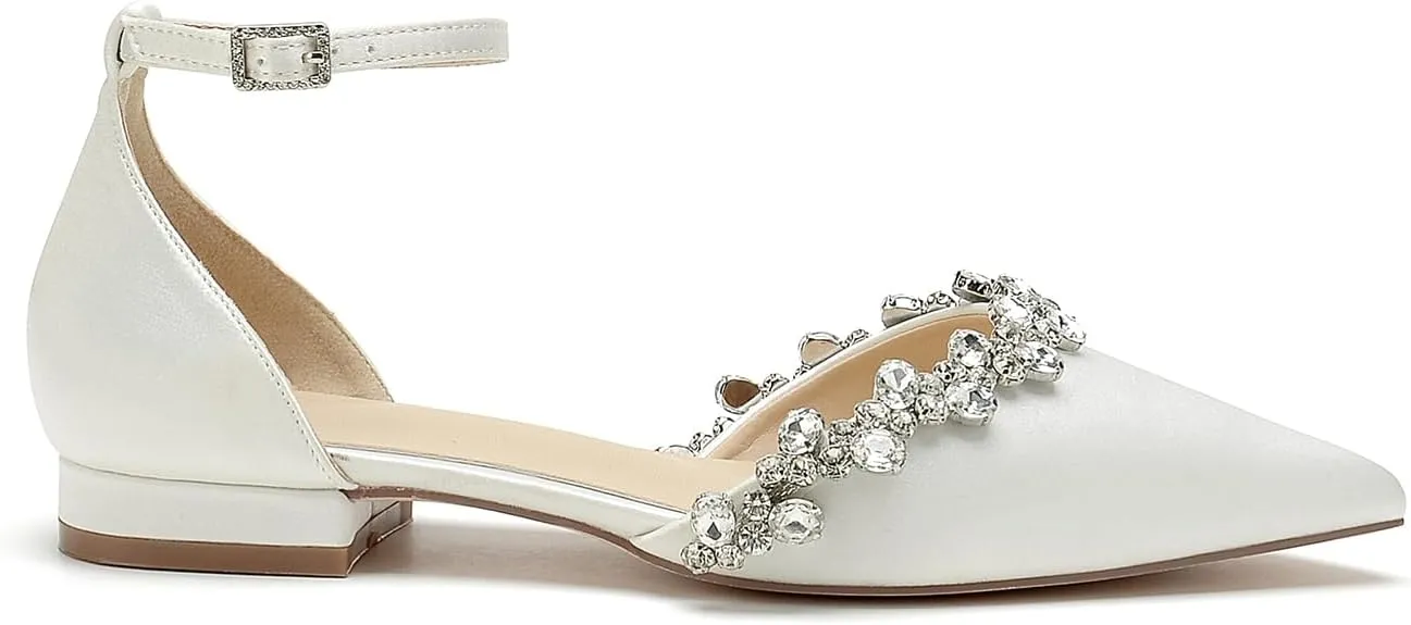 Women's Wedding Flats Crystal Satin Flat Wedding Shoes for Bride Closed Toe Pumps Shoes