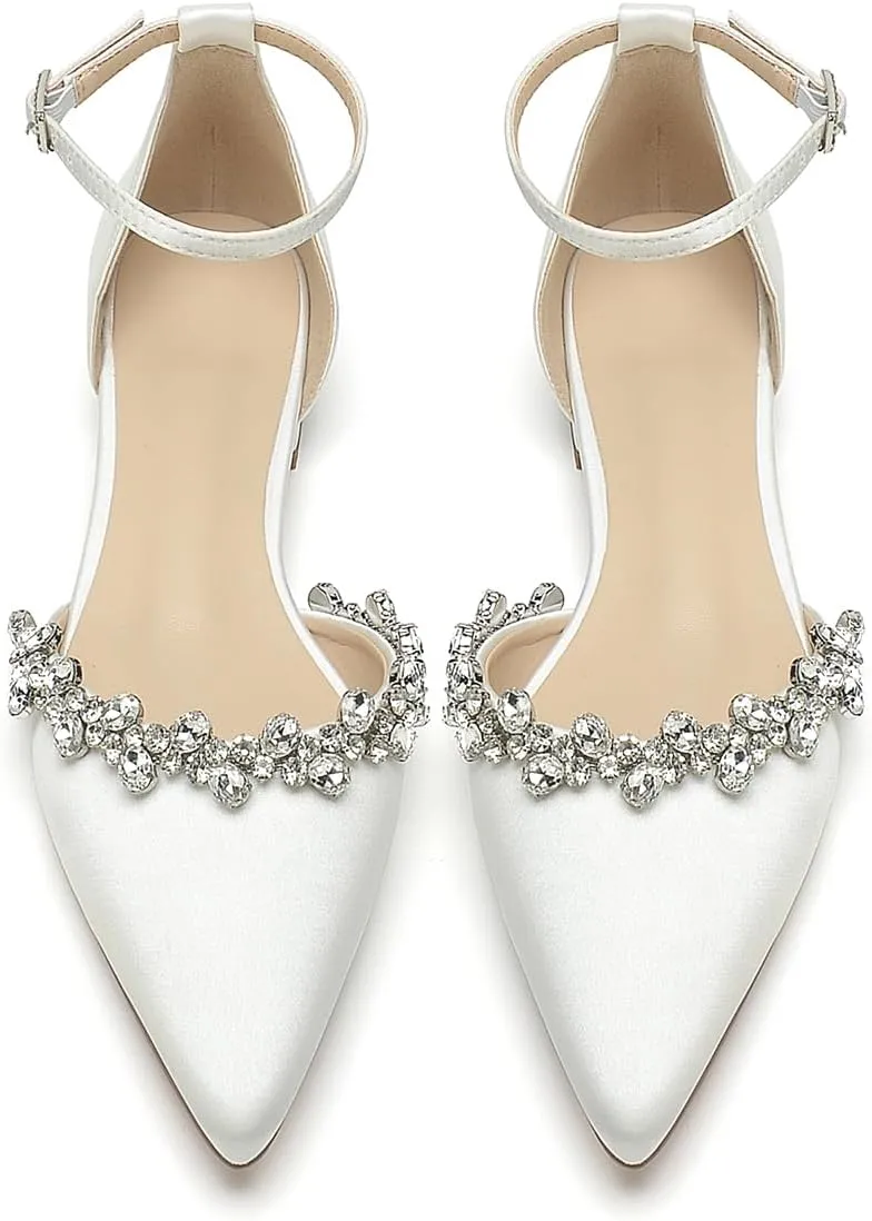 Women's Wedding Flats Crystal Satin Flat Wedding Shoes for Bride Closed Toe Pumps Shoes
