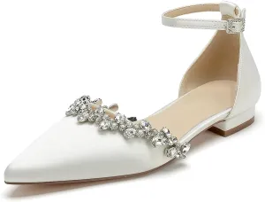 Women's Wedding Flats Crystal Satin Flat Wedding Shoes for Bride Closed Toe Pumps Shoes