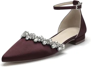 Women's Wedding Flats Crystal Satin Flat Wedding Shoes for Bride Closed Toe Pumps Shoes