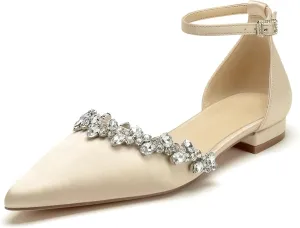Women's Wedding Flats Crystal Satin Flat Wedding Shoes for Bride Closed Toe Pumps Shoes