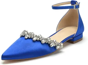 Women's Wedding Flats Crystal Satin Flat Wedding Shoes for Bride Closed Toe Pumps Shoes