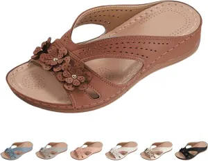 Women's Wide Width Sandals for Beach Walking Summer Fancy Flower Slippers with Arch Support Flat Slides
