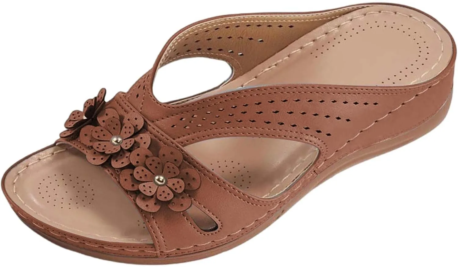 Women's Wide Width Sandals for Beach Walking Summer Fancy Flower Slippers with Arch Support Flat Slides