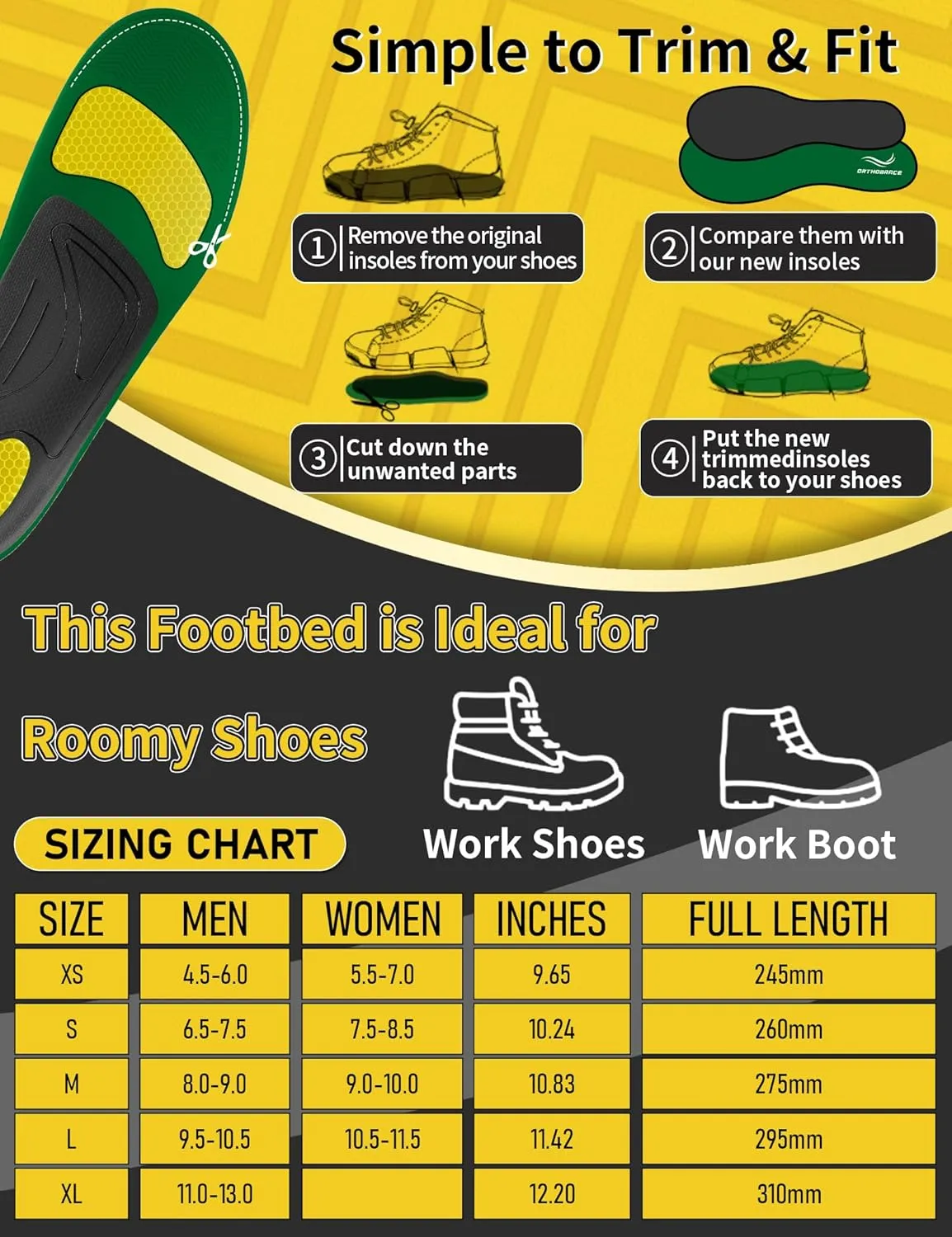Work Boot Insoles for All Day Shock Absorption,Anti Fatigue Medium and High Arch Support Shoe Inserts for Men Women,Relieve Foot Pain,Soft Comfortable Work Insoles for Standing All Day-S