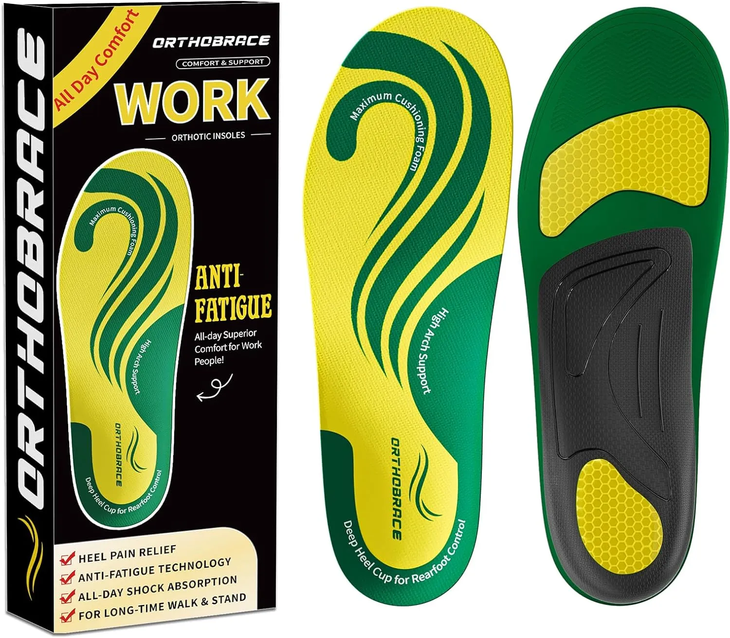 Work Boot Insoles for All Day Shock Absorption,Anti Fatigue Medium and High Arch Support Shoe Inserts for Men Women,Relieve Foot Pain,Soft Comfortable Work Insoles for Standing All Day-S