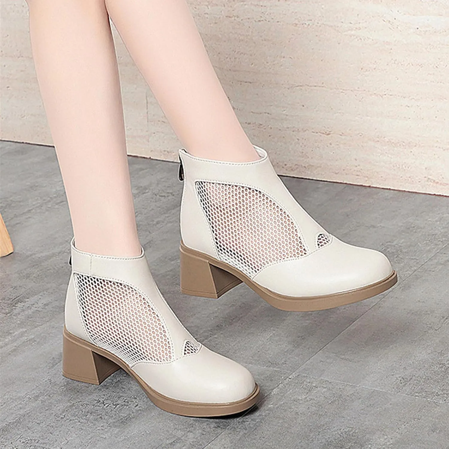 XENTORD Women's Genuine Leather Chunky Heel Fish Mouth Ankle Boots High Heel Cut-Out Mesh High Top Sandals with Back Zipper Round Closed Toe Breathable Comfortable Summer Footwear