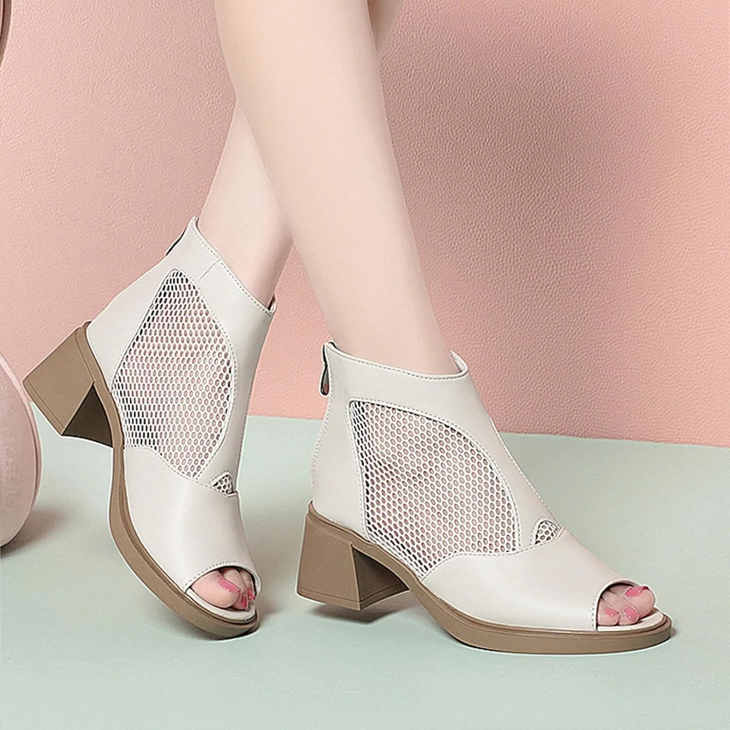 XENTORD Women's Genuine Leather Chunky Heel Fish Mouth Ankle Boots High Heel Cut-Out Mesh High Top Sandals with Back Zipper Round Closed Toe Breathable Comfortable Summer Footwear