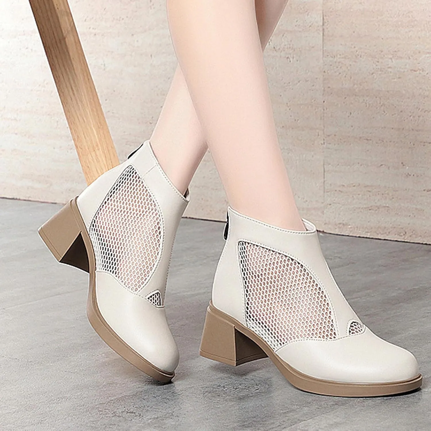 XENTORD Women's Genuine Leather Chunky Heel Fish Mouth Ankle Boots High Heel Cut-Out Mesh High Top Sandals with Back Zipper Round Closed Toe Breathable Comfortable Summer Footwear
