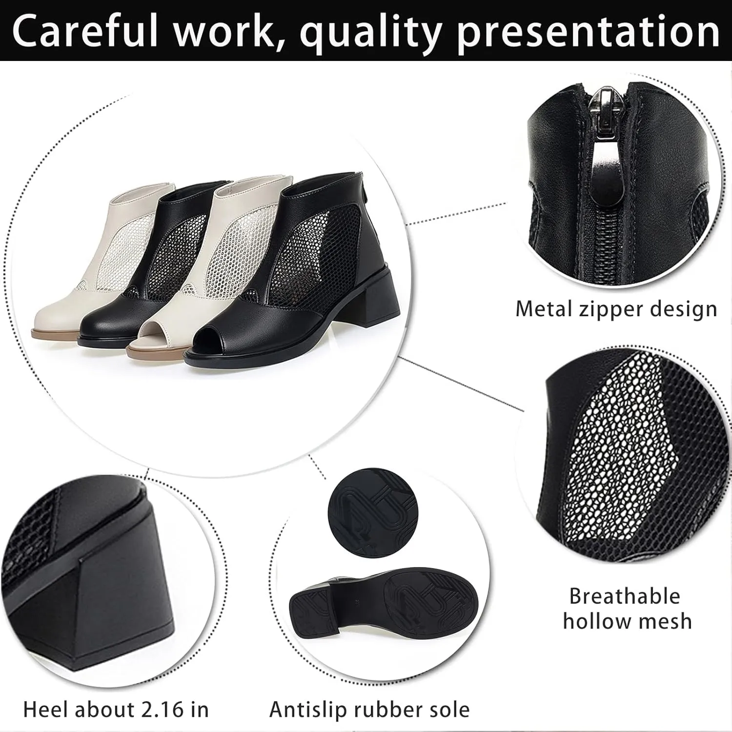 XENTORD Women's Genuine Leather Chunky Heel Fish Mouth Ankle Boots High Heel Cut-Out Mesh High Top Sandals with Back Zipper Round Closed Toe Breathable Comfortable Summer Footwear