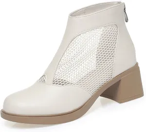 XENTORD Women's Genuine Leather Chunky Heel Fish Mouth Ankle Boots High Heel Cut-Out Mesh High Top Sandals with Back Zipper Round Closed Toe Breathable Comfortable Summer Footwear