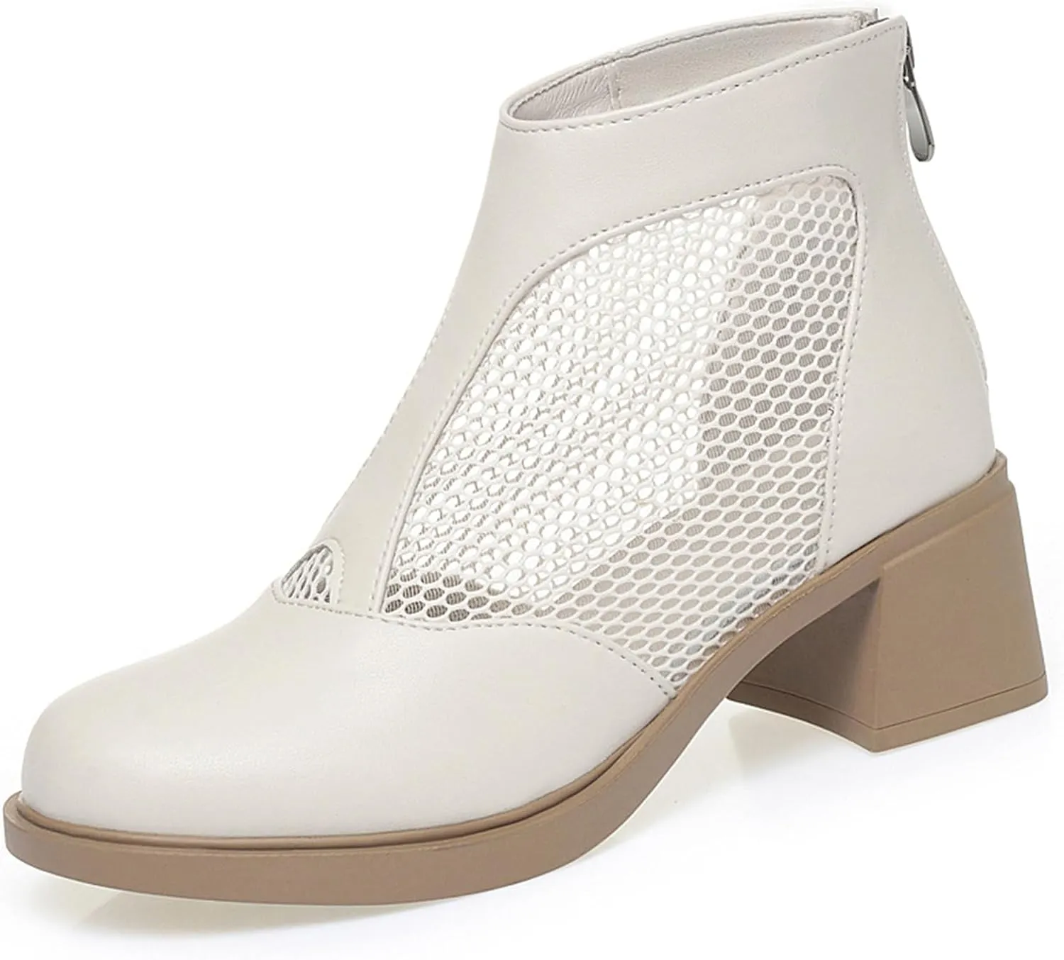 XENTORD Women's Genuine Leather Chunky Heel Fish Mouth Ankle Boots High Heel Cut-Out Mesh High Top Sandals with Back Zipper Round Closed Toe Breathable Comfortable Summer Footwear