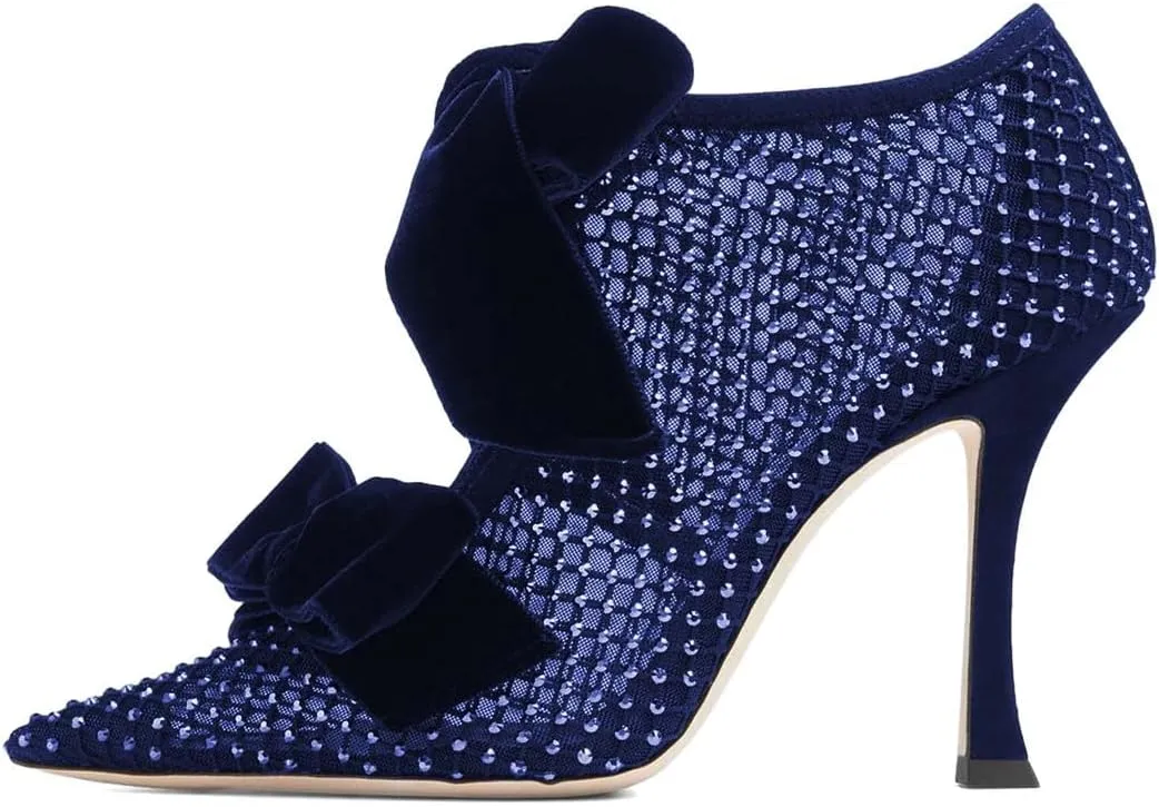 XYD Women Ankle Boots Mesh Cutout Crystals Pointed Toe High Heel Pumps Oversized Double Velvet Bows Evening Festive Party Shoes