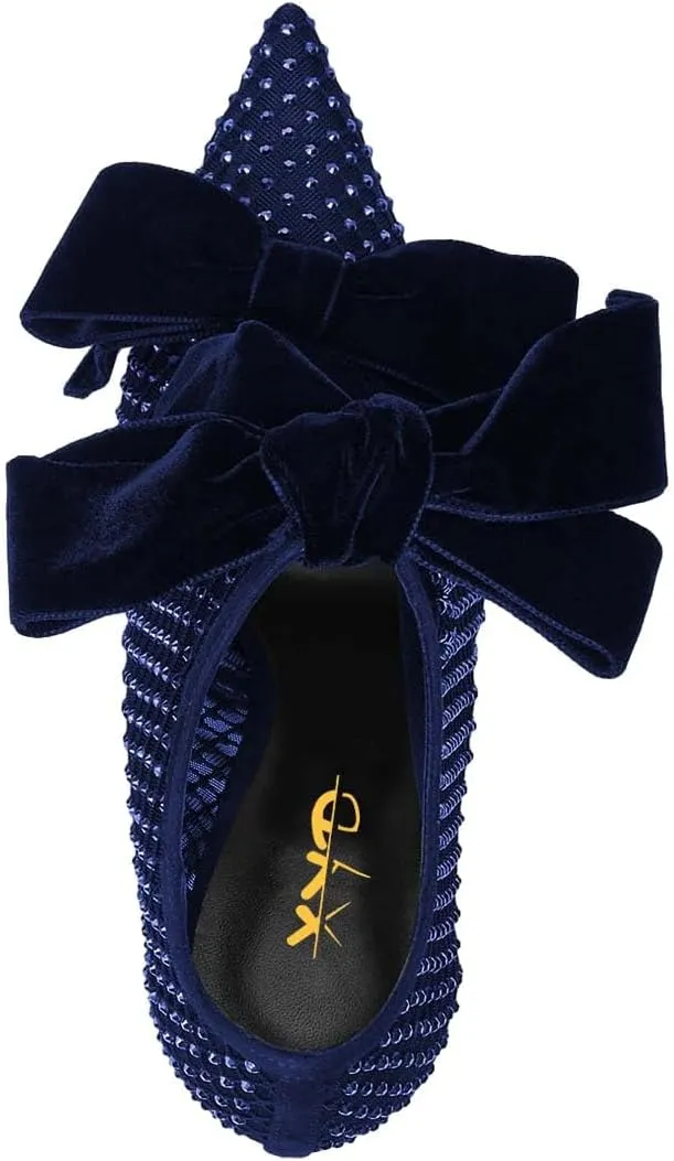 XYD Women Ankle Boots Mesh Cutout Crystals Pointed Toe High Heel Pumps Oversized Double Velvet Bows Evening Festive Party Shoes