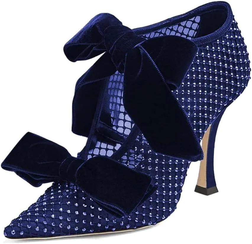 XYD Women Ankle Boots Mesh Cutout Crystals Pointed Toe High Heel Pumps Oversized Double Velvet Bows Evening Festive Party Shoes