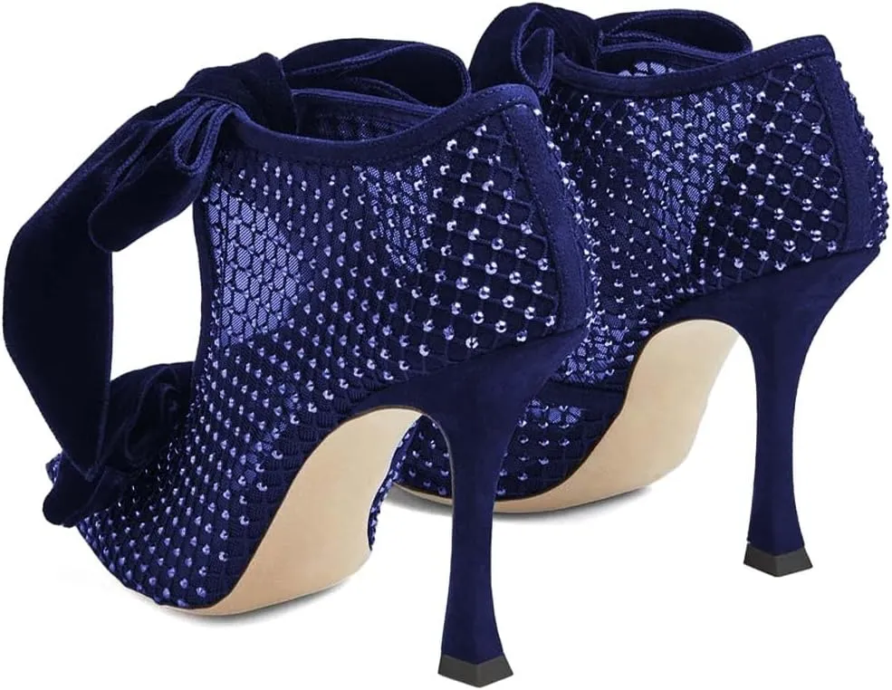 XYD Women Ankle Boots Mesh Cutout Crystals Pointed Toe High Heel Pumps Oversized Double Velvet Bows Evening Festive Party Shoes