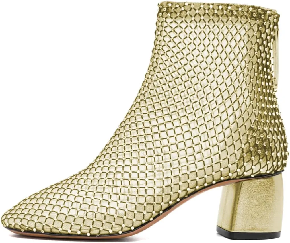XYD Women Round Toe Short Boots Mesh Crystals Block Heel Shoes Back Zip Cut-out Ankle Bootie Pumps for Party Dressy