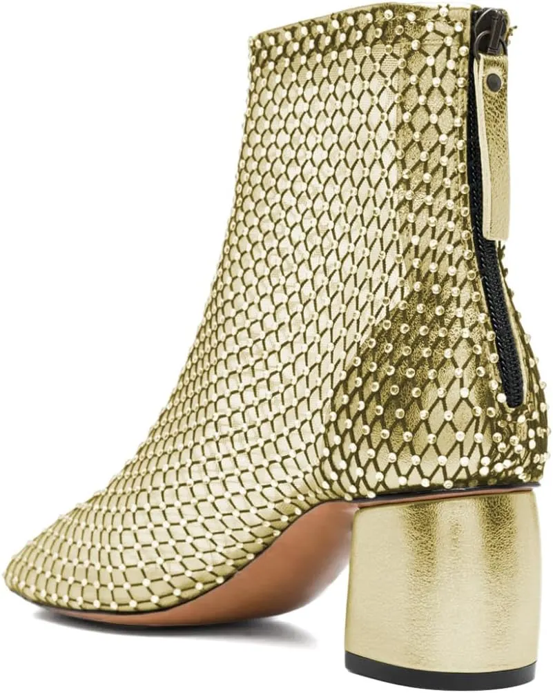 XYD Women Round Toe Short Boots Mesh Crystals Block Heel Shoes Back Zip Cut-out Ankle Bootie Pumps for Party Dressy