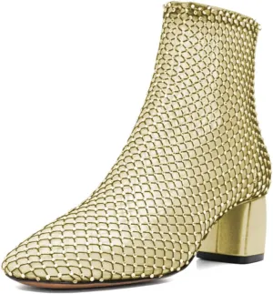 XYD Women Round Toe Short Boots Mesh Crystals Block Heel Shoes Back Zip Cut-out Ankle Bootie Pumps for Party Dressy