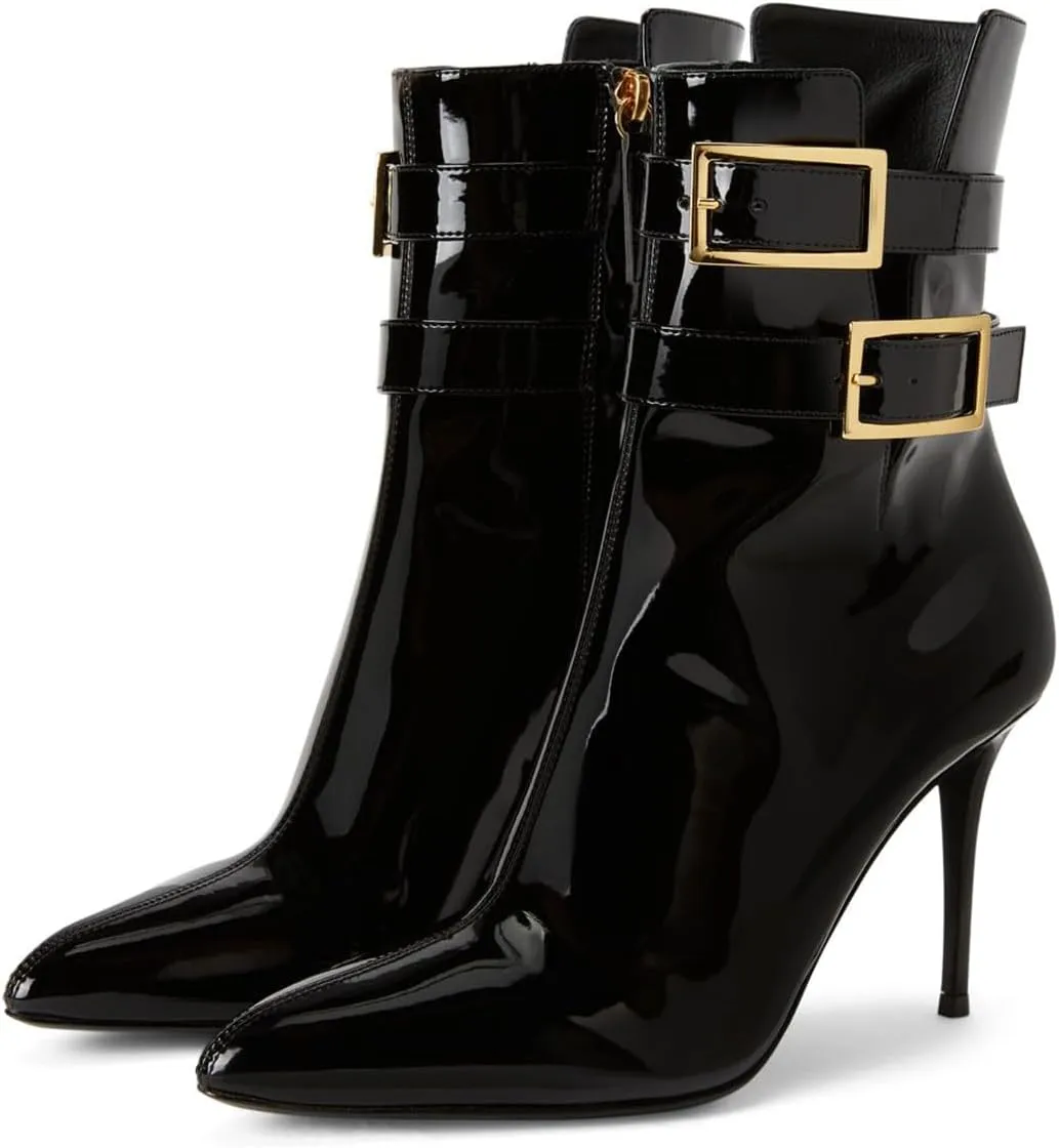 YDN Women Dressy Ankle Boots Pointed Closed Toe V Cut Booties Zippers Buckle Strap Stiletto High Heels Shoes Party Daily Size 4-15 US