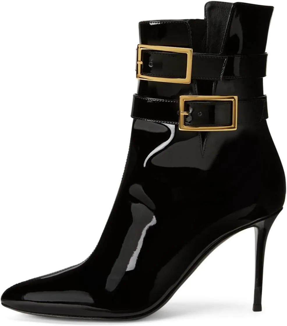 YDN Women Dressy Ankle Boots Pointed Closed Toe V Cut Booties Zippers Buckle Strap Stiletto High Heels Shoes Party Daily Size 4-15 US