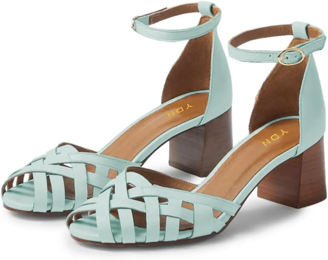 YDN Women Peep Toe Mid Block Heel Sandals Crossed Straps Buckle Stacked Pumps Party Evening Summer Shoes Size 4-16 US