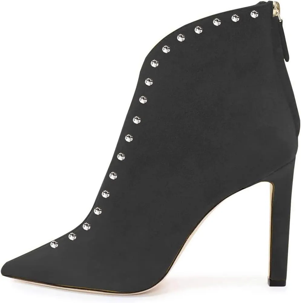 YDN Women Pointed Toe V Cut Ankle Booties Mid Heel Faux Suede PVC Zippers Prom Party Dress Short Boots Size 4-15 US