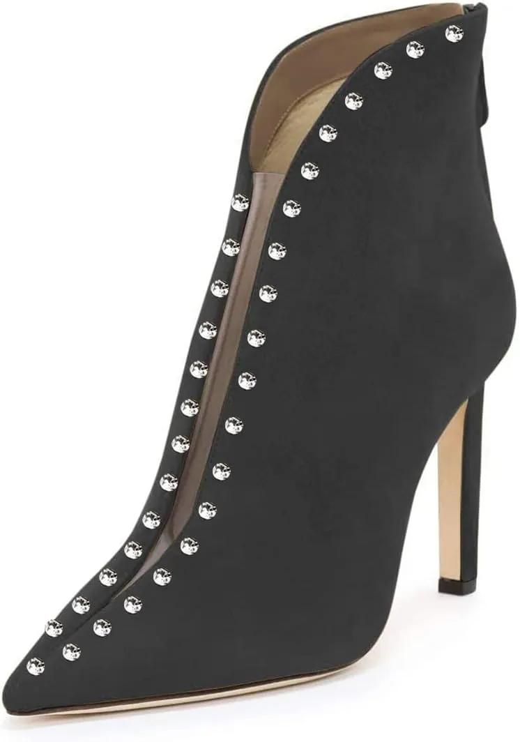 YDN Women Pointed Toe V Cut Ankle Booties Mid Heel Faux Suede PVC Zippers Prom Party Dress Short Boots Size 4-15 US