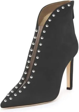 YDN Women Pointed Toe V Cut Ankle Booties Mid Heel Faux Suede PVC Zippers Prom Party Dress Short Boots Size 4-15 US