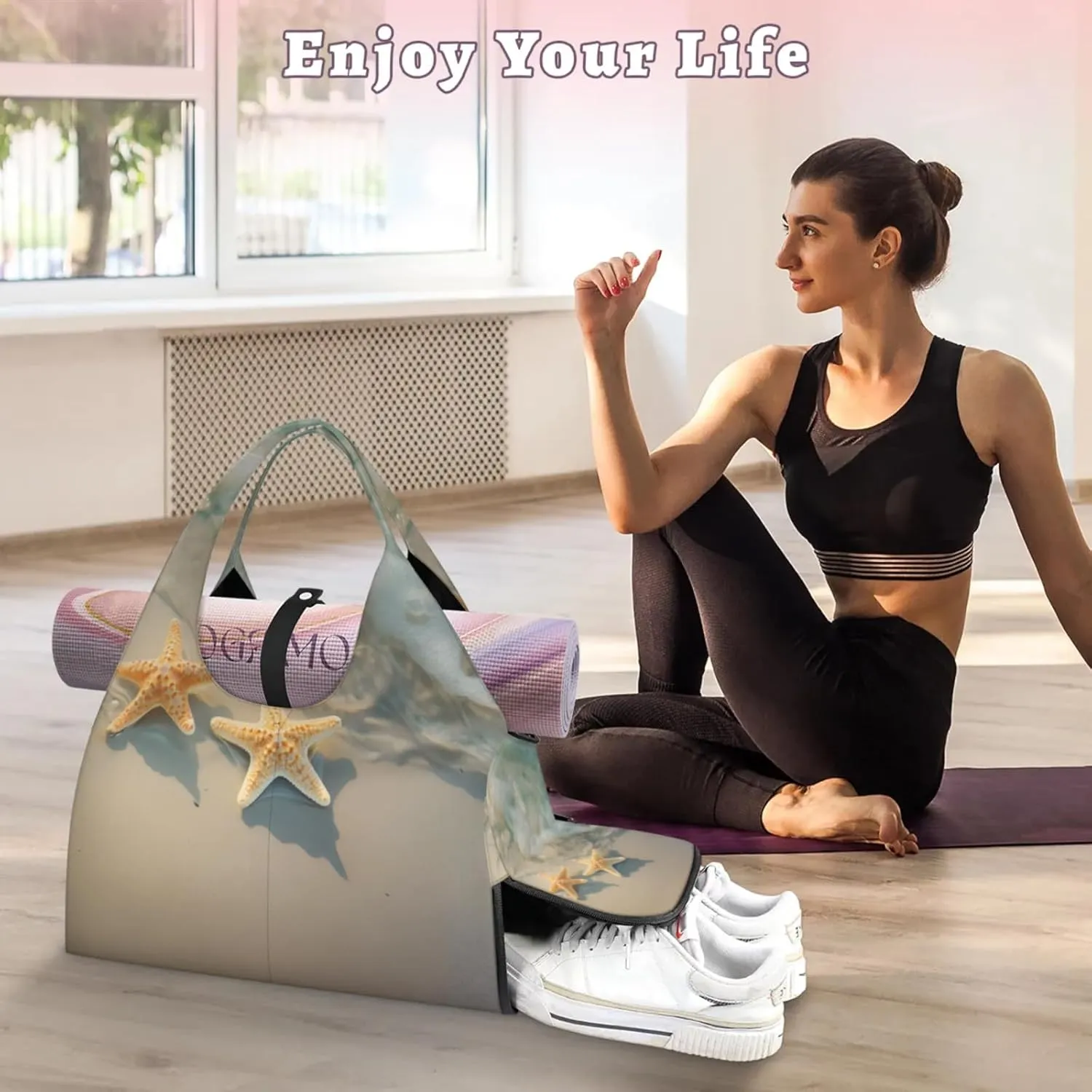 Yoga Tote Bag for Women Starfish Beach Beach Bag with Shoe Storage & Yoga Mat Strap Waterproof Weekender Duffle Bag for Travel Fitness Weekend Trips