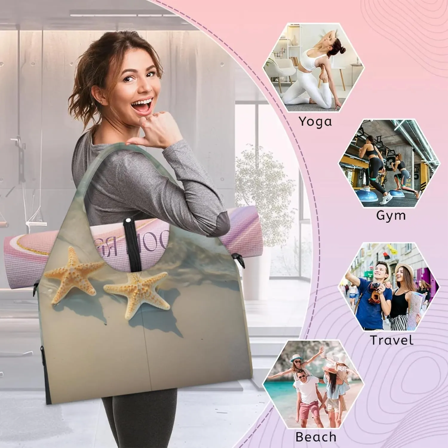 Yoga Tote Bag for Women Starfish Beach Beach Bag with Shoe Storage & Yoga Mat Strap Waterproof Weekender Duffle Bag for Travel Fitness Weekend Trips