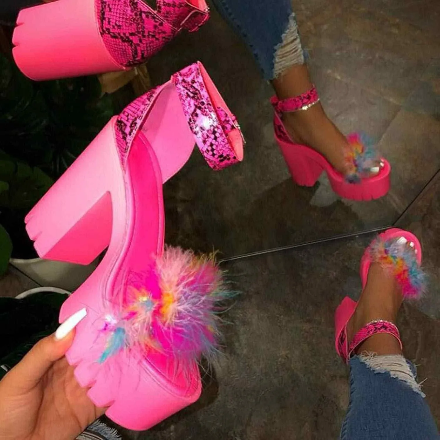 ZBYY Womens Platform Faux Fur Sandals Chunky Heel Open Toe Ankle Strap Sandals Summer High Heeled Dress Pumps Shoes