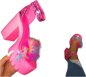 ZBYY Womens Platform Faux Fur Sandals Chunky Heel Open Toe Ankle Strap Sandals Summer High Heeled Dress Pumps Shoes