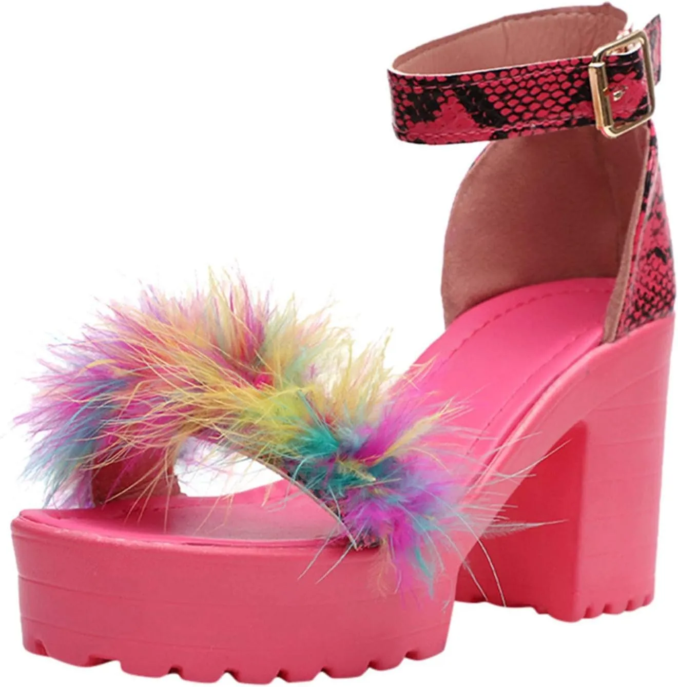 ZBYY Womens Platform Faux Fur Sandals Chunky Heel Open Toe Ankle Strap Sandals Summer High Heeled Dress Pumps Shoes